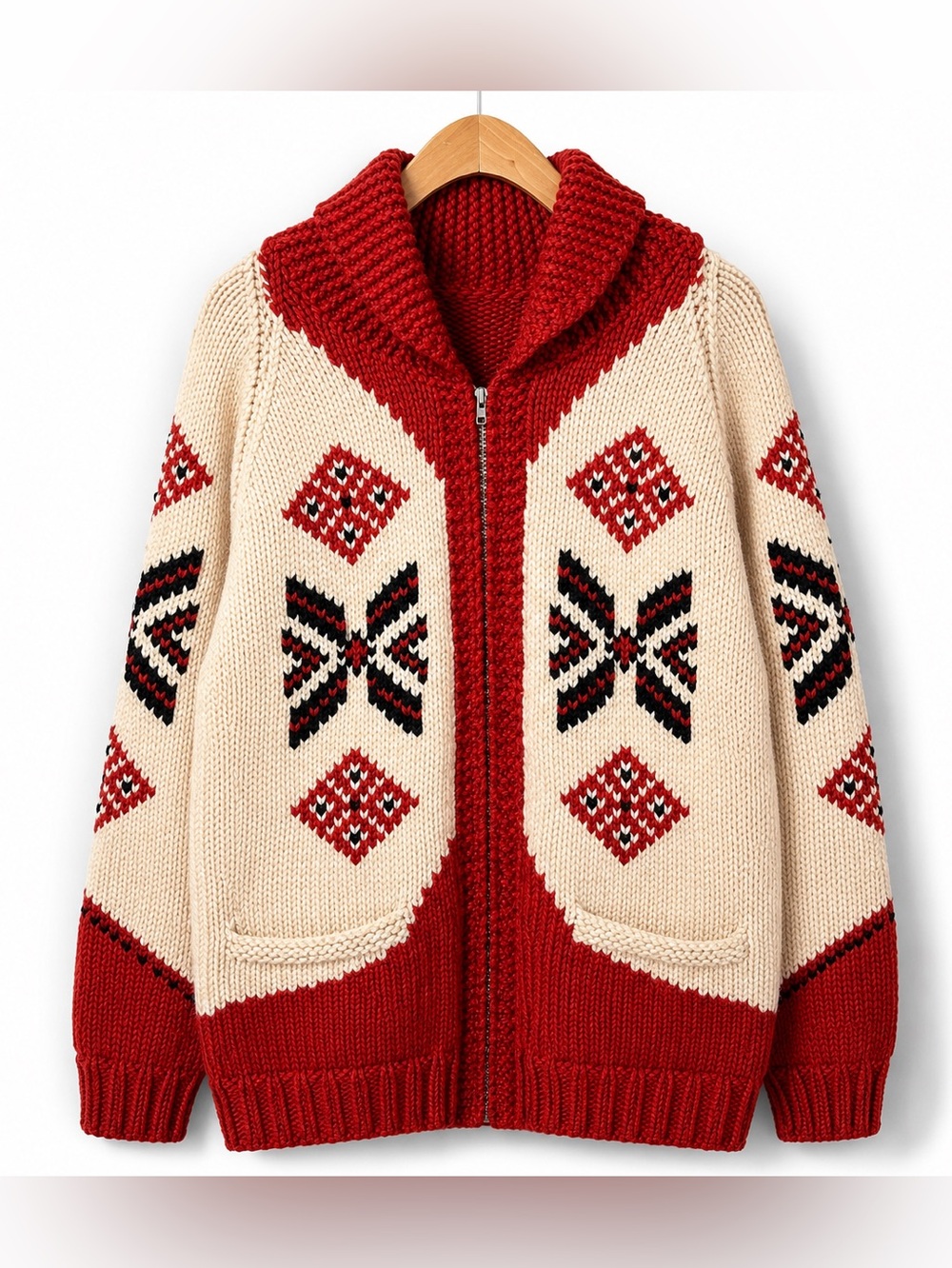 Vintage Hand Knit Wool Cowichan Cardigan Lightning Zip Sweater